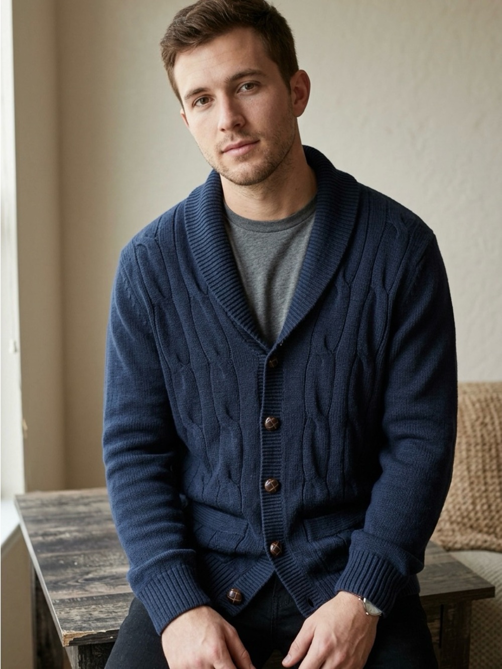 Croft & Barrow Men’s Cardigan Sweater Navy Cable-Knit Shawl Collar Grandpa~Core